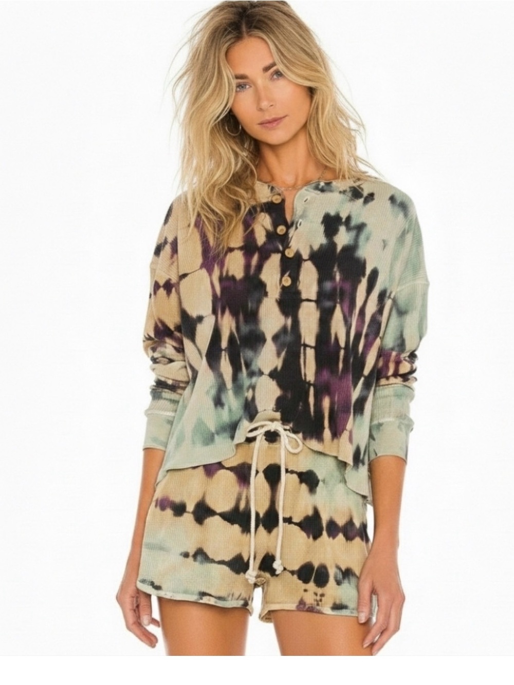 Free people Tie-Dye Waffle Henley Top in Multi-Color